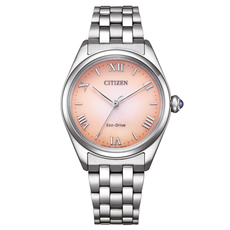 Citizen horloge met roze wijzerplaat en zilveren band, Eco-Drive technologie.