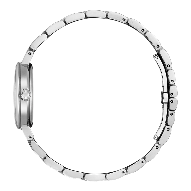 Zilveren horloge met een cirkelvormig ontwerp en een metalen band, zijaanzicht.